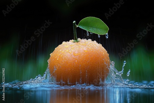 Fresh mandarin orange with leaf, is splashing in water with dark background. Use for health food, freshness, or cleaning product illustrations online.