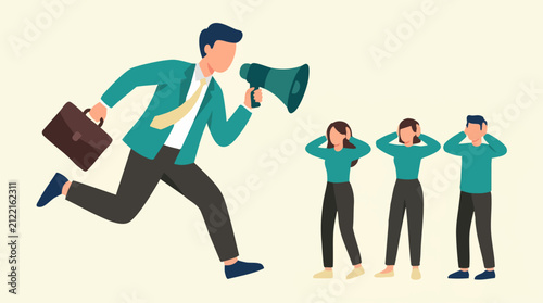 Принти на полотні Loud Business Communication: Manager Shouting with Megaphone, Employees Ignoring