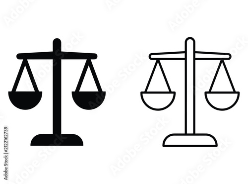 Balance scale icon set, justice and equality symbol in solid and outline styles for law and fairness
