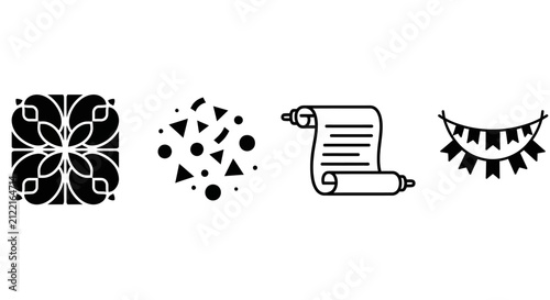 Mandala, scroll, and celebration decor icons.