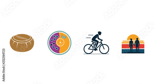 Lifestyle icons including cyclist and sunset.