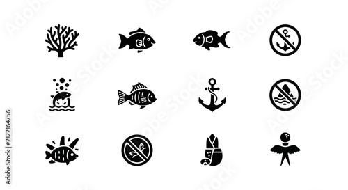 Marine life and maritime icons with fish, coral, and anchors.