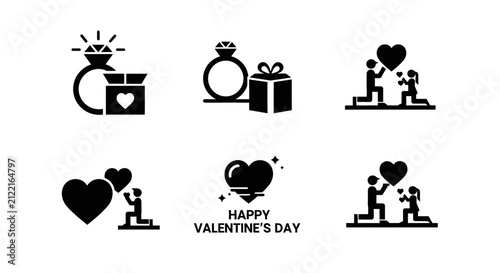 Marriage proposal and engagement gift icons.