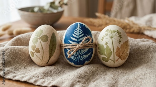Beautiful Handmade Easter Eggs Decorated with Natural Pressed Botanical Leaves