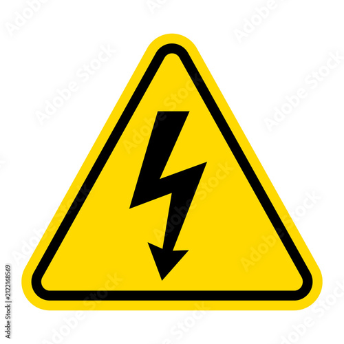 Yellow electrical hazard warning sign with bold lightning bolt, high voltage safety symbol and caution icon