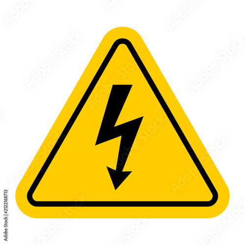 High voltage warning icon with black lightning symbol, triangular electrical hazard sign on yellow