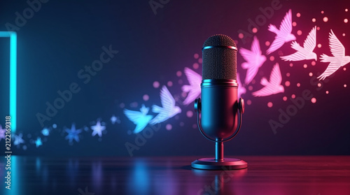 Creative microphone with neon sound wave and birds concept