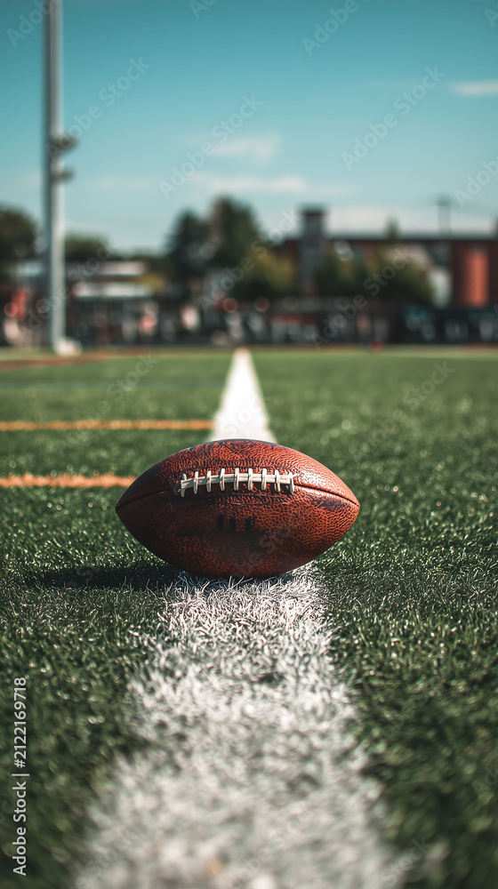 Fototapeta premium An American football lies directly on the white yard line of a green turf field, with a clear sky and blurred stadium backdrop