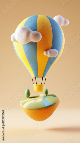 A charming 3D render with a textured finish shows a blue and yellow striped hot air balloon floating. Below is a tiny floating island with a river, road, and trees, all against a warm beige backdrop