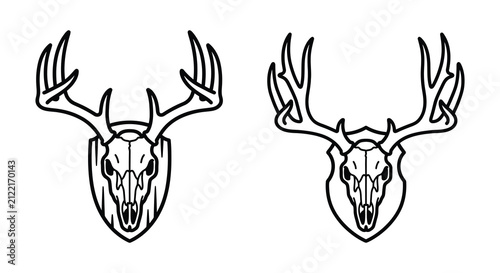 Konstfotografi Deer skull with antlers black line art illustration on a white background