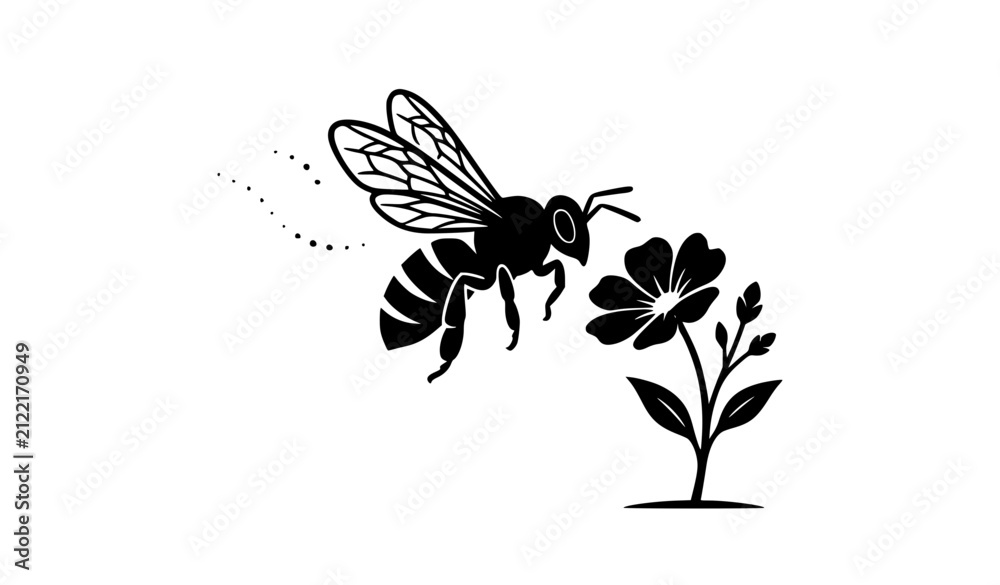 Fototapeta premium Black Bee Flying to Wildflower Silhouette Vector Simple Nature Illustration Isolated on White Background