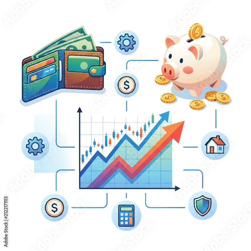 Clean modern flat vector illustration of wallet piggy bank and growing stock market chart isolated on pure white background
