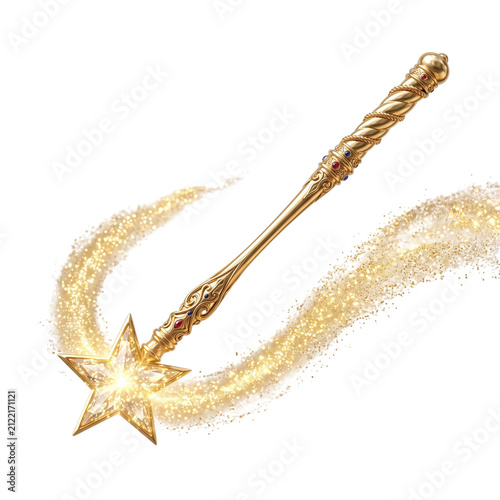 Ornate golden magic wand with star emitting sparkling golden dust isolated on transparent background