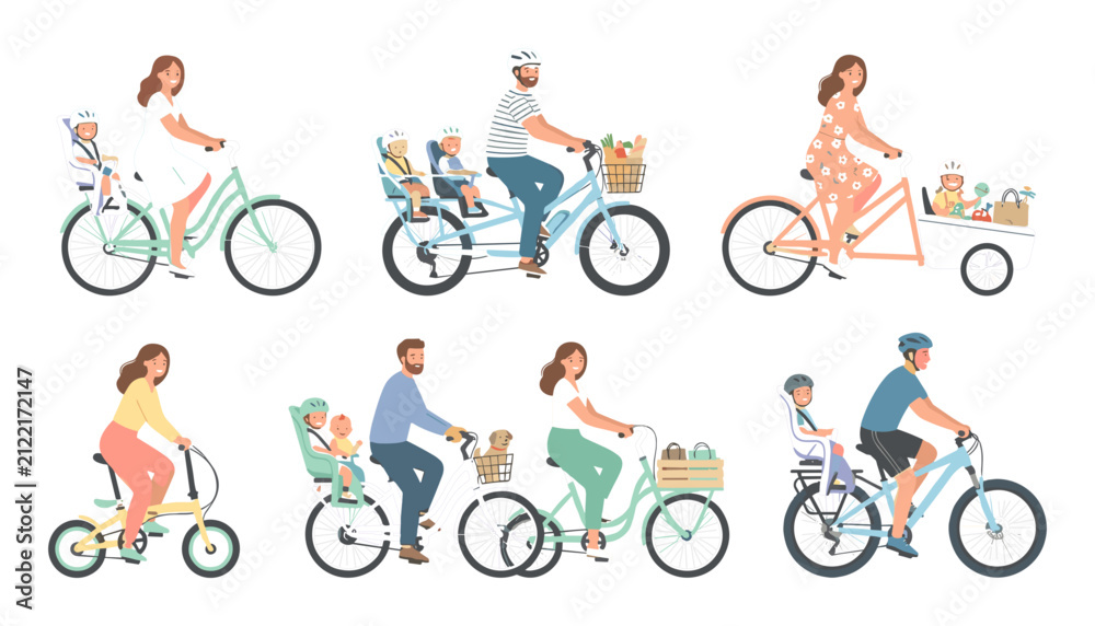 Naklejka premium Bicycle Riders in Casual Outfits Cycling with Accessories Illustrations Featuring Cyclist, Riding, Outfit with Helmet