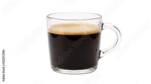 Espresso in a clear glass mug isolated PNG, rich dark coffee with crema on top for a morning pick-me-up on transparent background