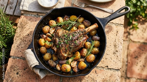 Roasted Lamb Shank with Potatoes and Rosemary in a Cast Iron Skillet
