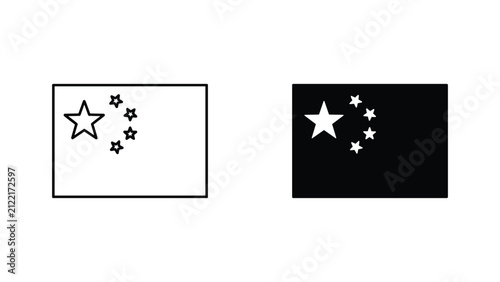 Chinese flag style icon with large and small stars in outline and solid black vector graphic format