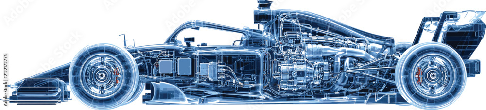 Fototapeta premium Formula One Racing Car X-Ray Blueprint Side View Showing Internal Components in Blue Vector Illustration Design