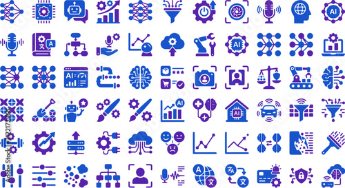 Alphabet and Numbers Vector Icon Set with Business, Web, Technology and Digital Communication Symbols Collection for Modern Design Illustration