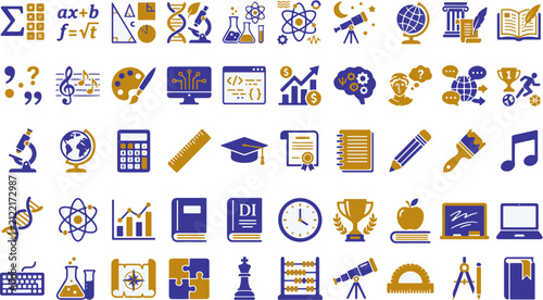 Alphabet and Numbers Vector Icon Set with Business, Web, Technology and Digital Communication Symbols Collection for Modern Design Illustration
