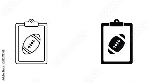 Clipboard with American football ball icon set in black and white line and solid black vector art