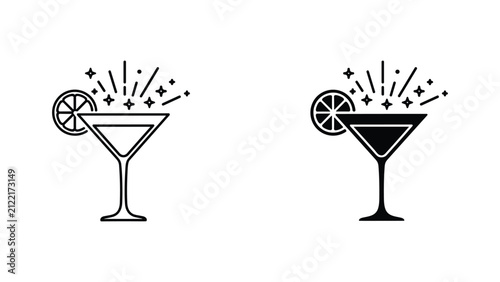 Cocktail glass with lime slice vector icon set in outline and solid black style for bar menu