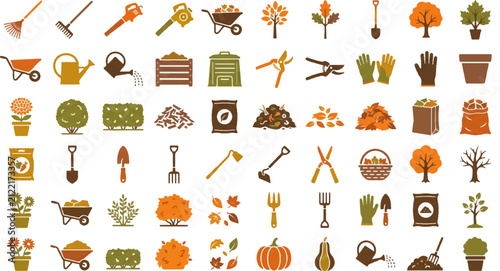 Autumn Leaves and Flowers Vector Icon Set with Cartoon Foliage Symbols, Decorative Patterns, Seasonal Illustrations and Creative Nature Design Elements Collection
