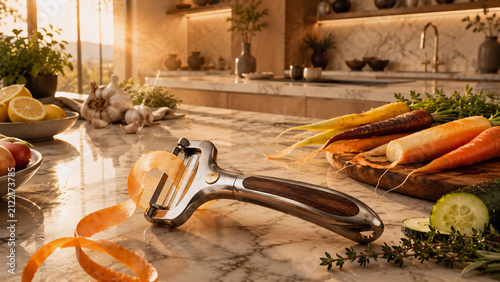 Premium stainless steel Y peeler with wooden handle next to colorful carrots on a kitchen counter