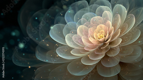 Ethereal translucent flower petals glowing with soft light in a dreamy abstract digital art creation