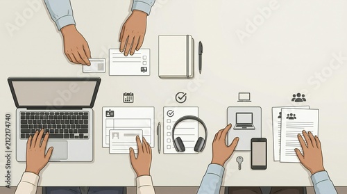 Team Preparing New Employee Onboarding Documents and Workplace Equipment