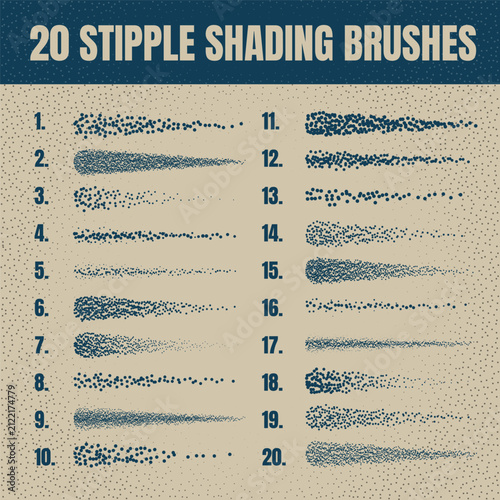 Ink scatter brush, stipple drawing and texturing. Fading gradient. Stippling, dotwork drawing, shading using dots. Halftone disintegration effect. White noise grainy texture. Vector illustration