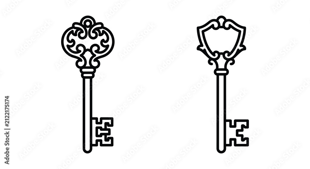 Naklejka premium Two antique skeleton keys black line art on a white background illustration