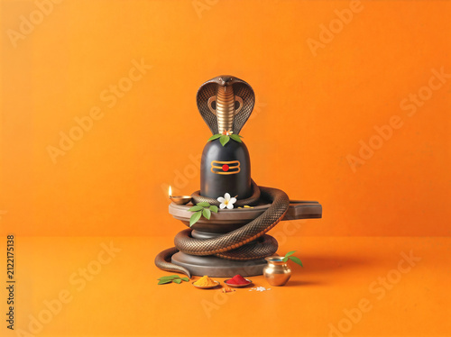 Lord Shiva Mahadeva Symbol Shivlinga with cobra snake, traditional Hindu puja Naag Panchami, spiritual Mahashivratri worship concept Background. 