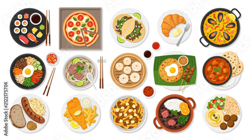 Diverse collection of traditional international food dishes from around the world in flat vector illustration style