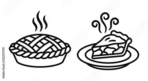 Fotografie Line art illustration of a whole pie and a slice of pie with steam rising