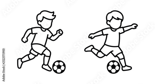 Line drawing of two boys playing soccer with a ball on a white background