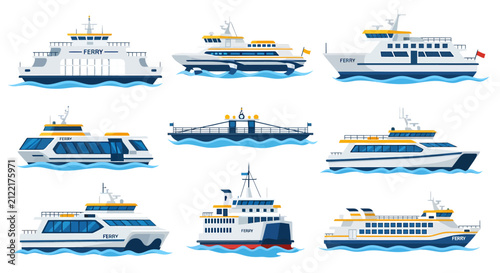 Foto Nine assorted flatstyle ferry boat illustrations sailing on blue stylized waves