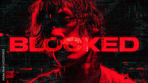 Distressed young man face overlaid with bright red blocked text and digital static glitch pattern effects