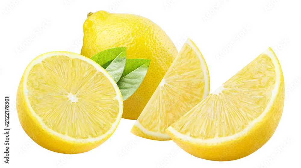 Fototapeta premium Delicious lemon fruit with cut pieces and natural leaves, isolated on transparent cutout background