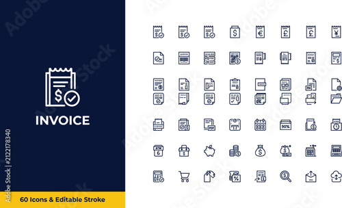 Invoice Line Icon Collection Featuring Billing, Accounting, Payment, Financial Documents and Editable Stroke Outline Vector Icon Set