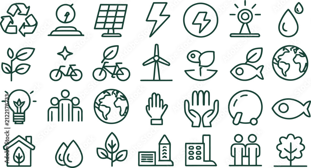 Fototapeta premium Ecology and Renewable Energy Green Line Icons