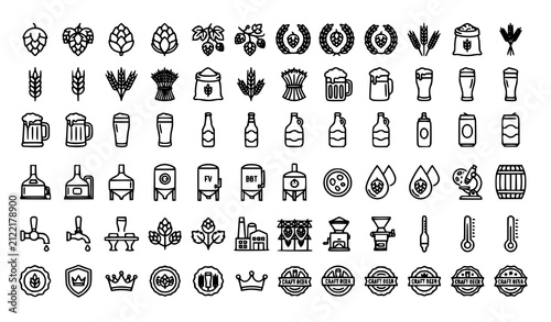 Foto Beer Brewery Icon Set with Hops, Mug, Bottle, Barrel, and Craft Beer Symbols for