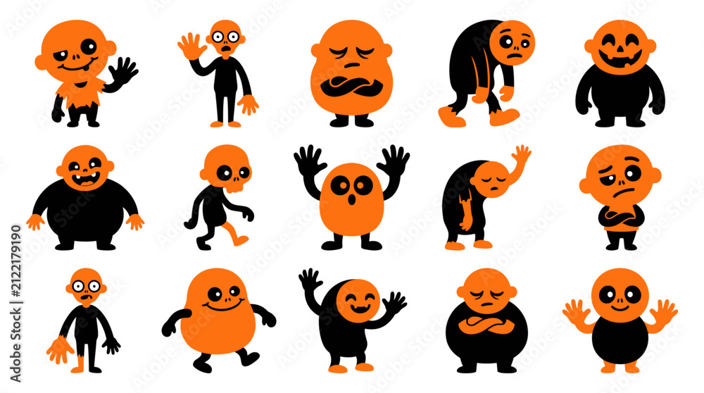 Obraz premium Pumpkin shaped figures black and orange silhouettes on a white background