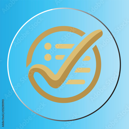 Gold Checkmark Checklist Icon in Glass Circle Frame Vector Illustration