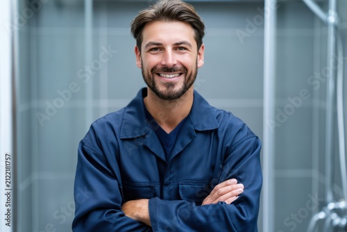 Friendly male plumbing technician posing inside bright stylish bathroom