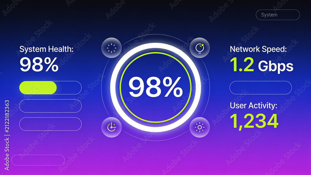 Naklejka premium Modern digital dashboard interface displaying system health, network speed, and user activity