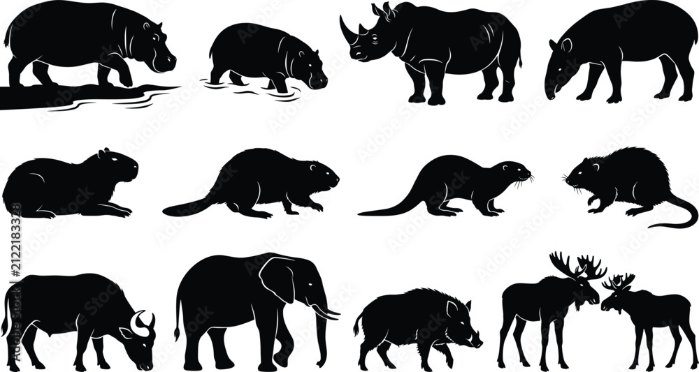 Fototapeta premium Wild Mammal Silhouette Collection with Elephant Rhino Hippo and Forest Animal Icons for Nature Graphic Design Projects