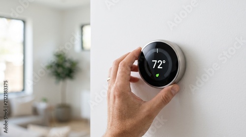 Fotografie Hand adjusting smart thermostat