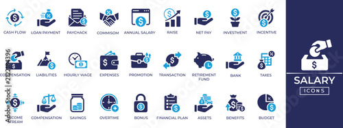 Salary and finance solid vector icons set. Commission, expense, deduction, financial goal, incentive, and wealth management symbols collection.