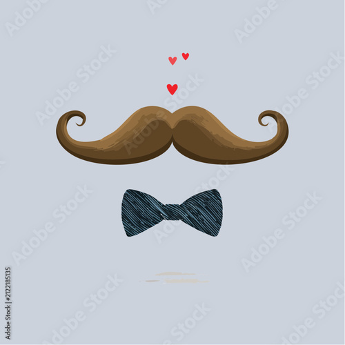Stylish Father's Day concept featuring a gentleman mustache with bow tie and heart symbols for love and celebration